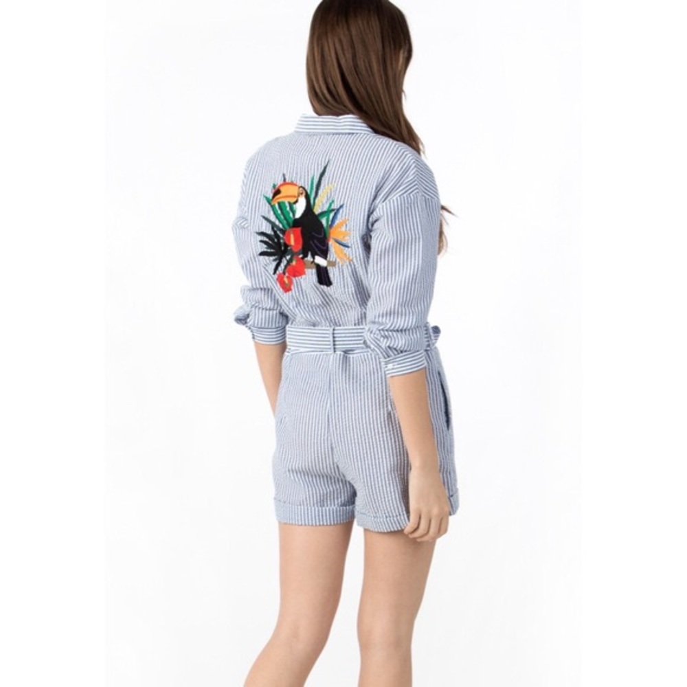 Zara blue white Striped embroidered short romper